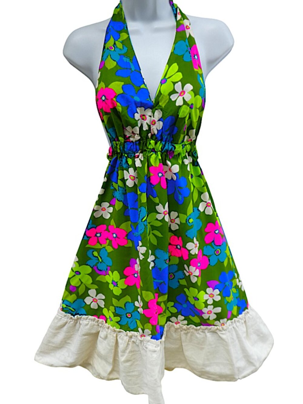Hawaiian Vintage Mod Floral Halter Dress Contrasting Ivory Jacquard Ruffled Hem